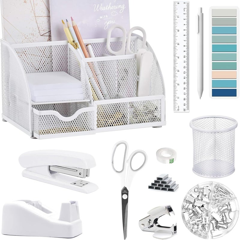 Scindaly White Office Desk Accessories Supplies, 12pcs Desk Organizers and Accessories with Tape dispenser and Stapler,Staples,Staple Remover,Pen Holder,Scissor,Ruler,Sticky Tabs,Tape,Ballpoint Pen,Clips Set - Image 1